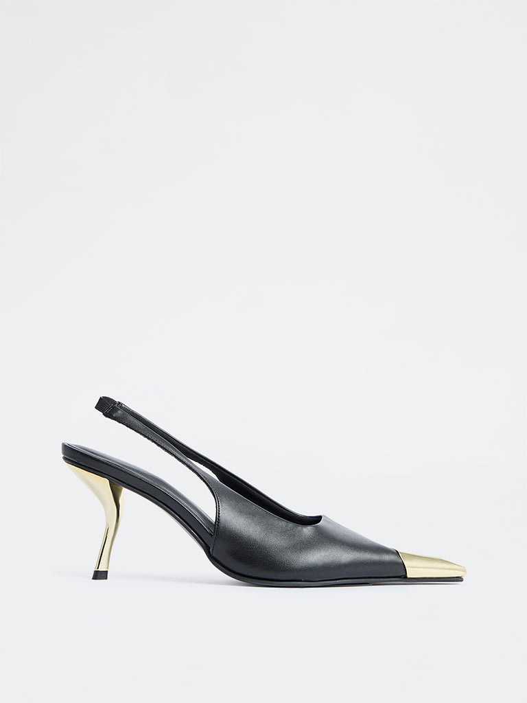 LUNA BLU Black Metallic Toe-Cap Slingback Heel Shoes