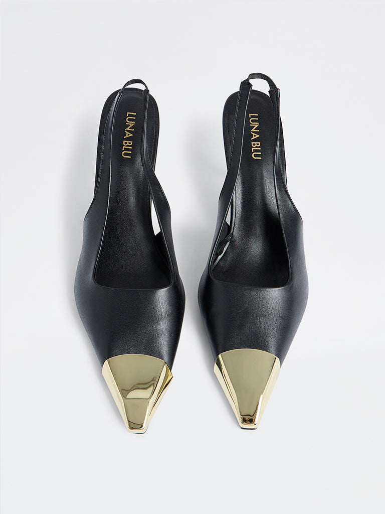LUNA BLU Black Metallic Toe-Cap Slingback Heel Shoes