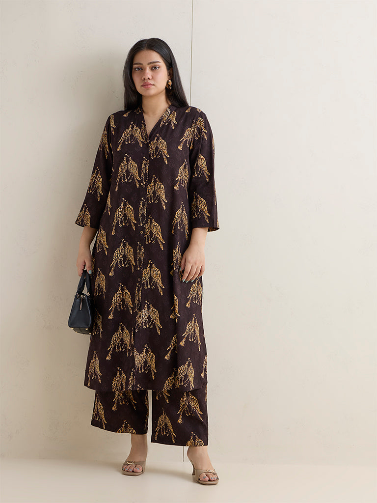 Diza Dark Brown Bird Printed Palazzos