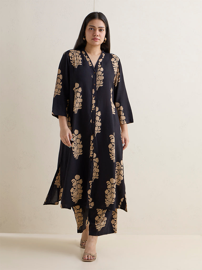 Diza Black Floral Printed A-Line Kurta