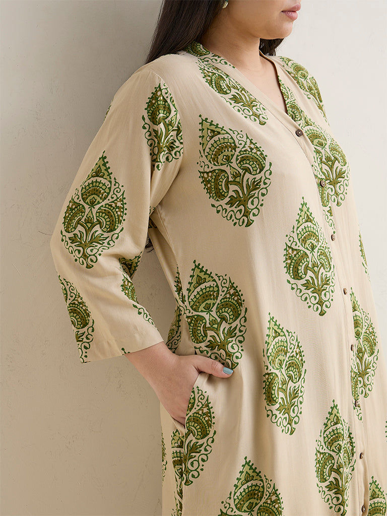 Diza Beige Botanical Printed A-Line Kurta