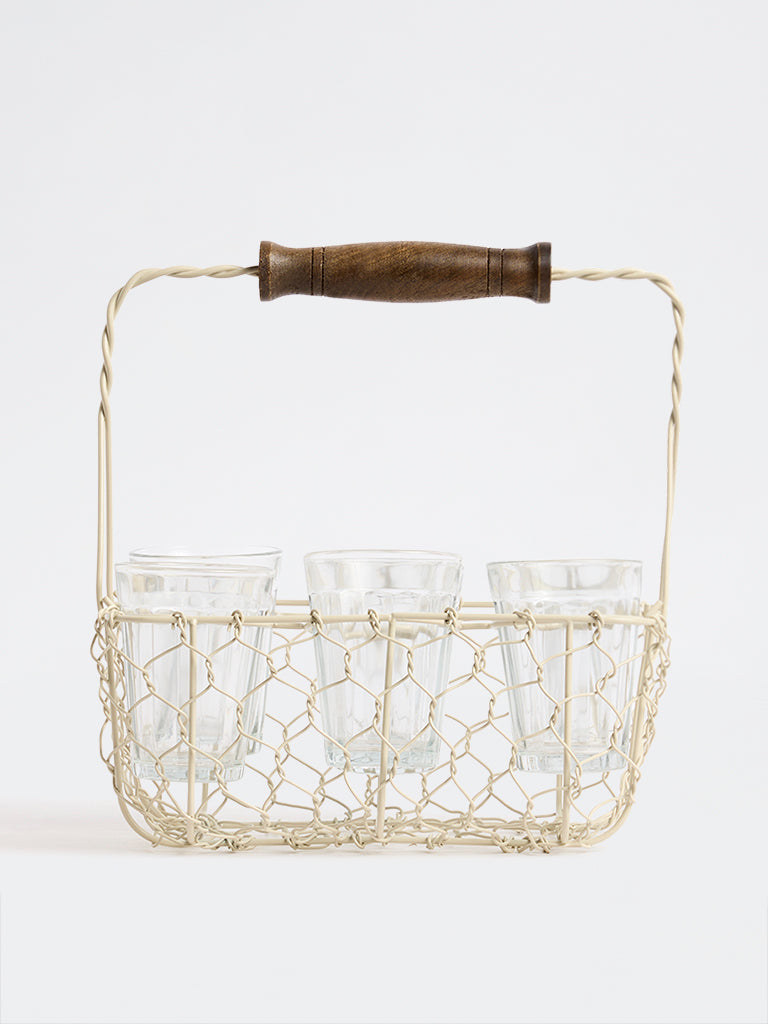Westside Home Ivory Wired Chai Caddy with Glasses Set of 6