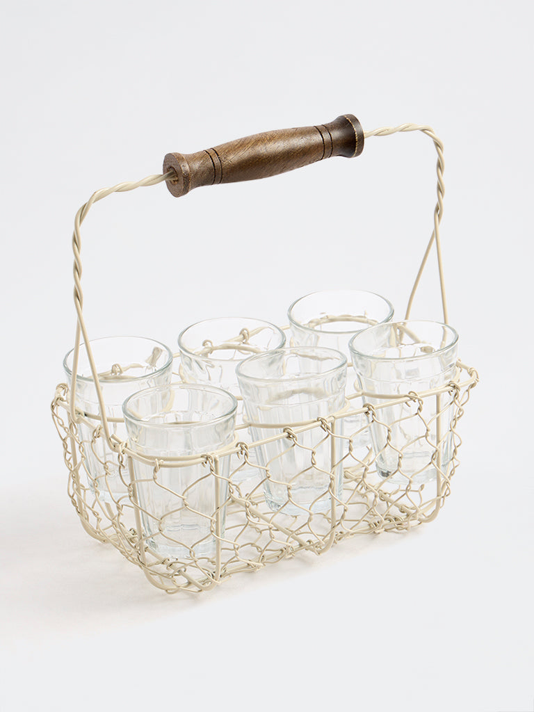 Westside Home Ivory Wired Chai Caddy with Glasses Set of 6