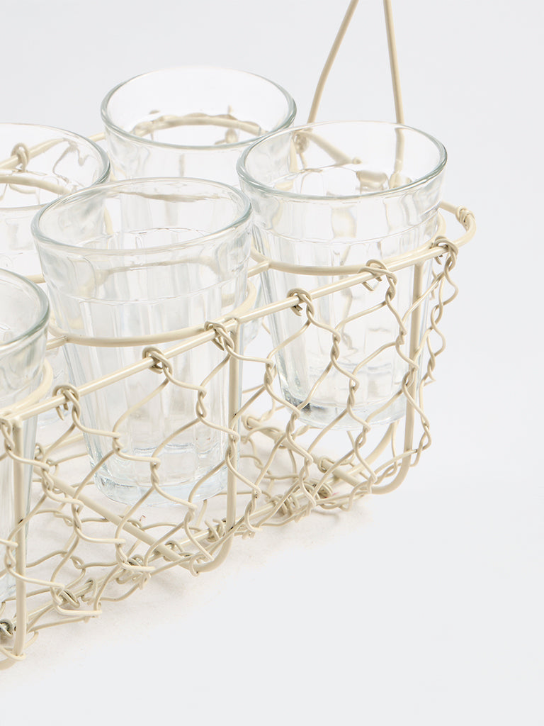Westside Home Ivory Wired Chai Caddy with Glasses Set of 6