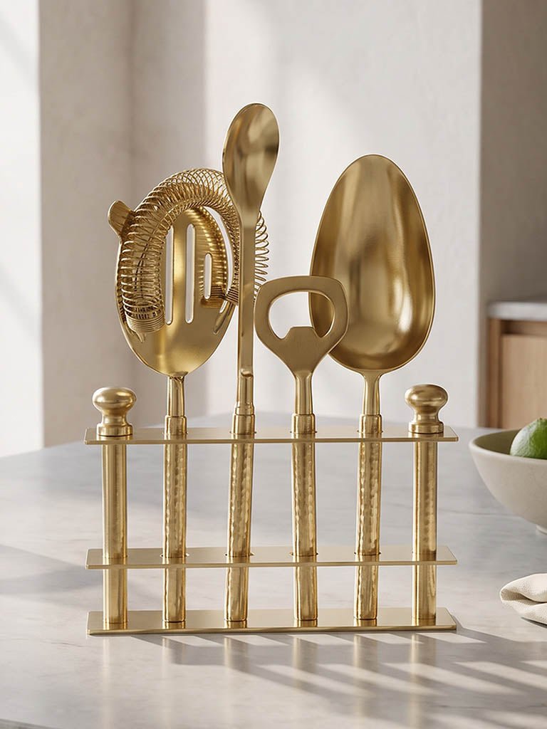 Westside Home Gold Metal Bar Tool Set with Stand - Set of 4