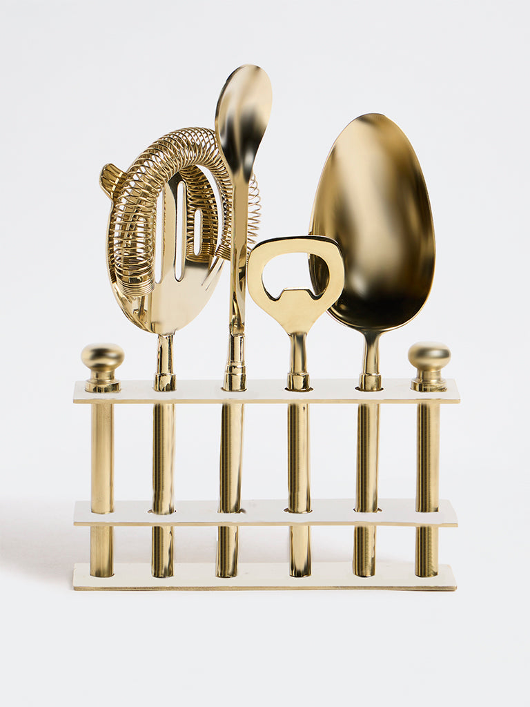 Westside Home Gold Metal Bar Tool Set with Stand - Set of 4