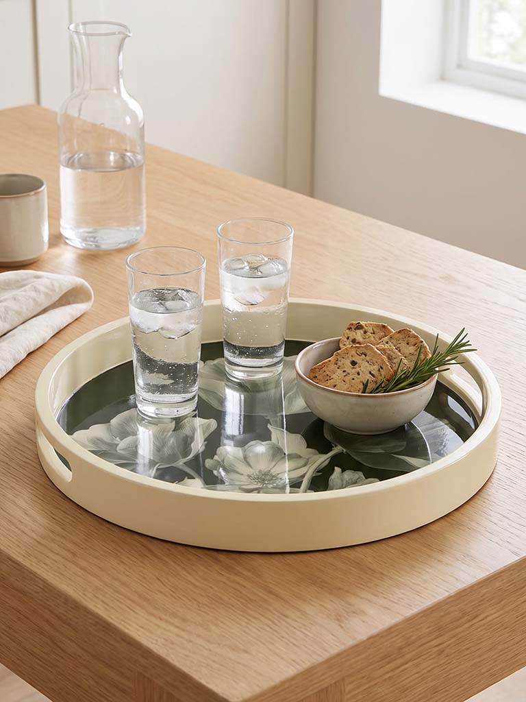 Westside Home Dark Green Floral Design Serving Tray