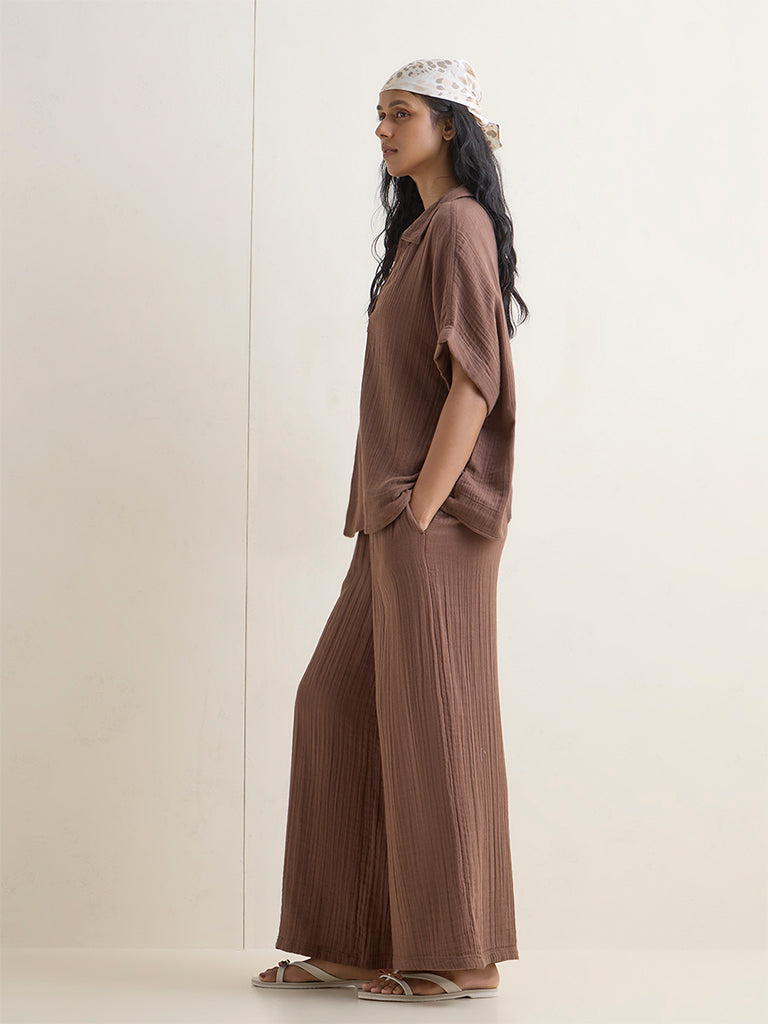 Wunderlove Dark Brown Crinkle-Textured High-Rise Cotton Beach Pants