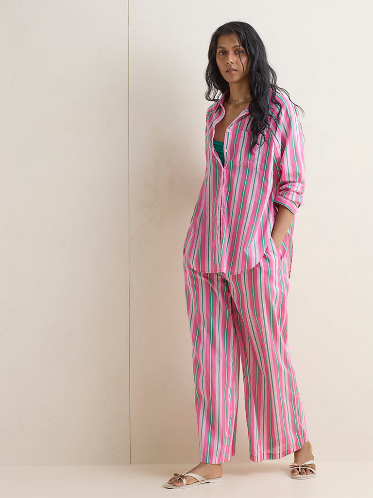 Wunderlove Pink Striped Oversized Cotton Beach Shirt