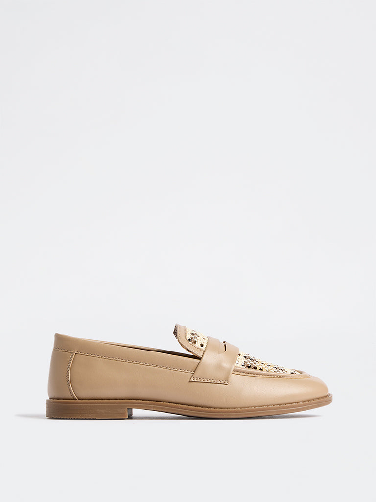 LUNA BLU Beige Rattan Woven Penny Loafers