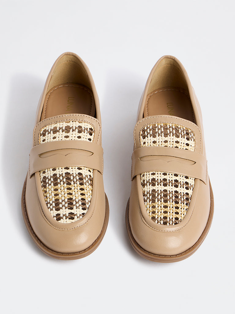 LUNA BLU Beige Rattan Woven Penny Loafers