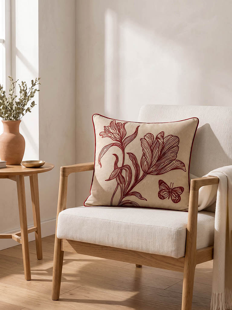 Westside Home Red Nature Embroidered Cushion Cover