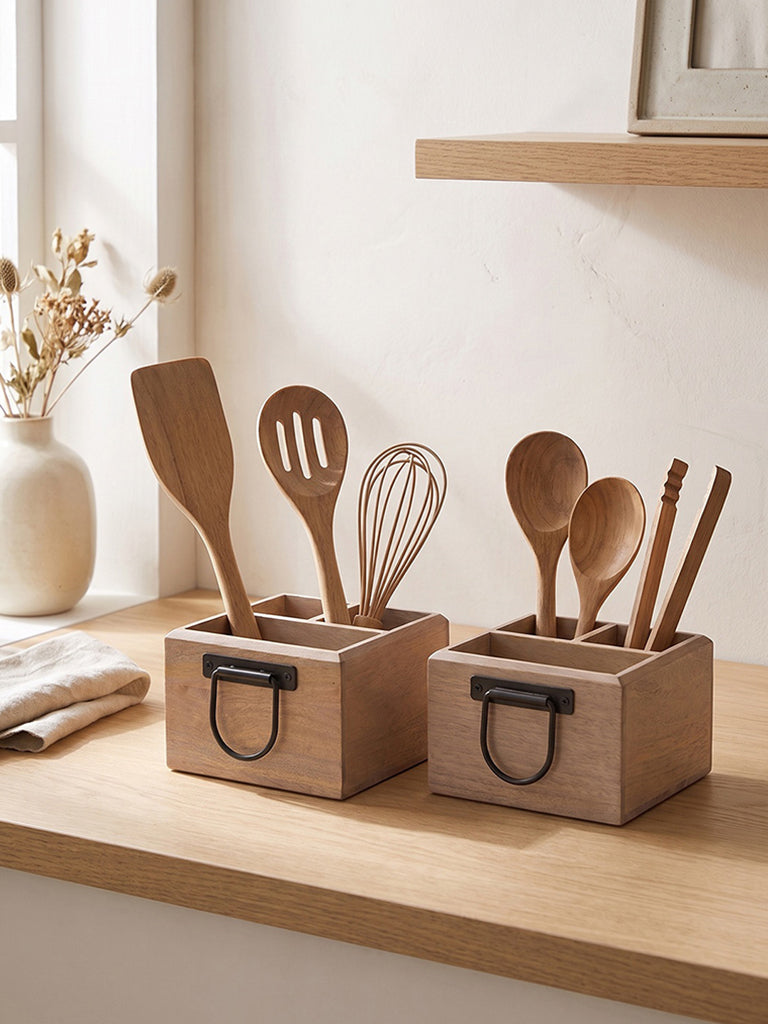 Westside Home Beige Wooden Caddy with Metal Handles