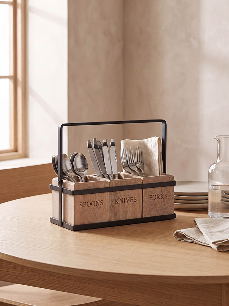 Westside Home Beige Wooden Cutlery Caddy with Metal Handle