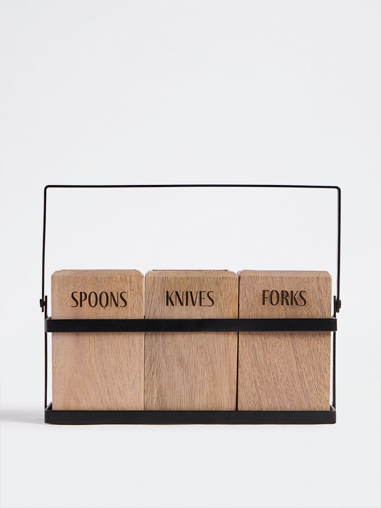 Westside Home Beige Wooden Cutlery Caddy with Metal Handle