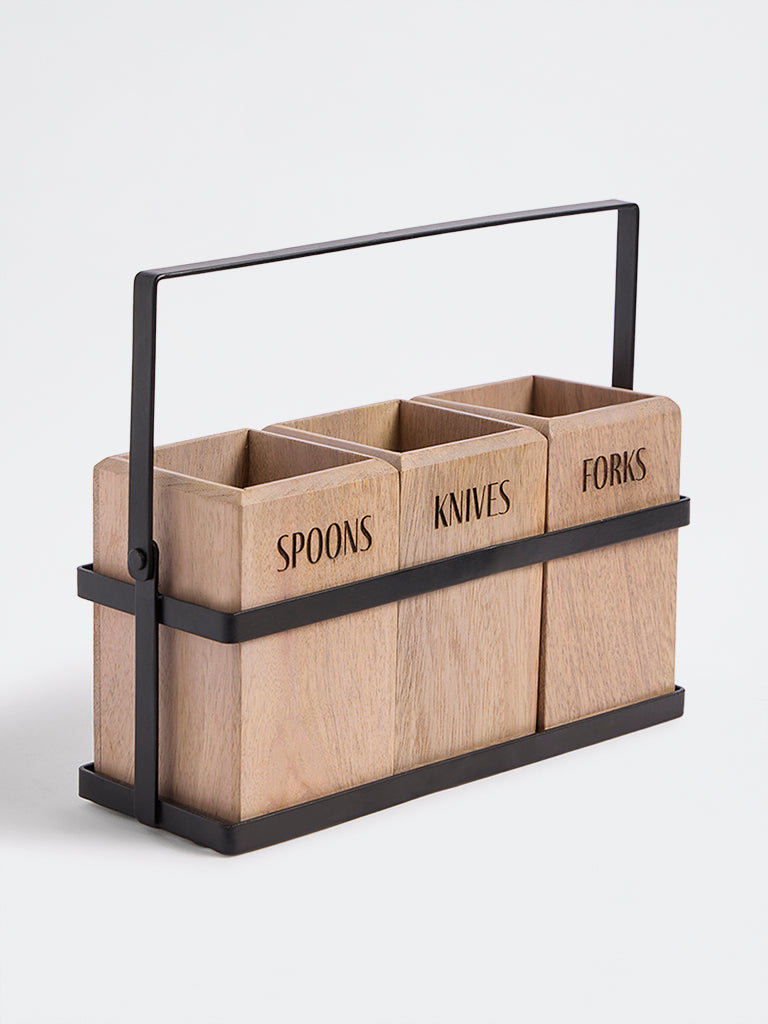 Westside Home Beige Wooden Cutlery Caddy with Metal Handle