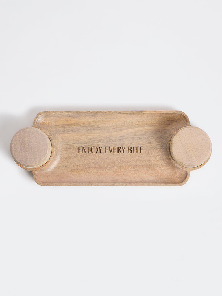 Westside Home Beige Text-Detailed Wooden Chip and Dip Platter