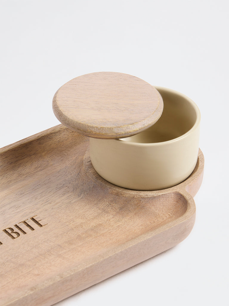 Westside Home Beige Text-Detailed Wooden Chip and Dip Platter
