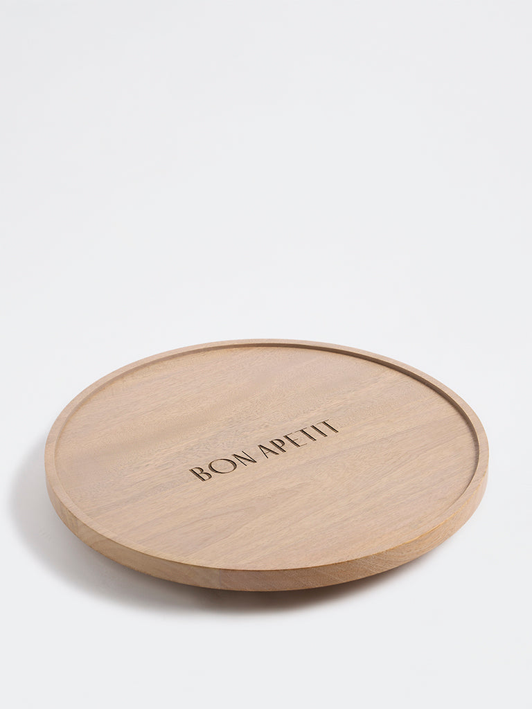 Westside Home Beige Text-Detailed Wooden Round Serving Platter