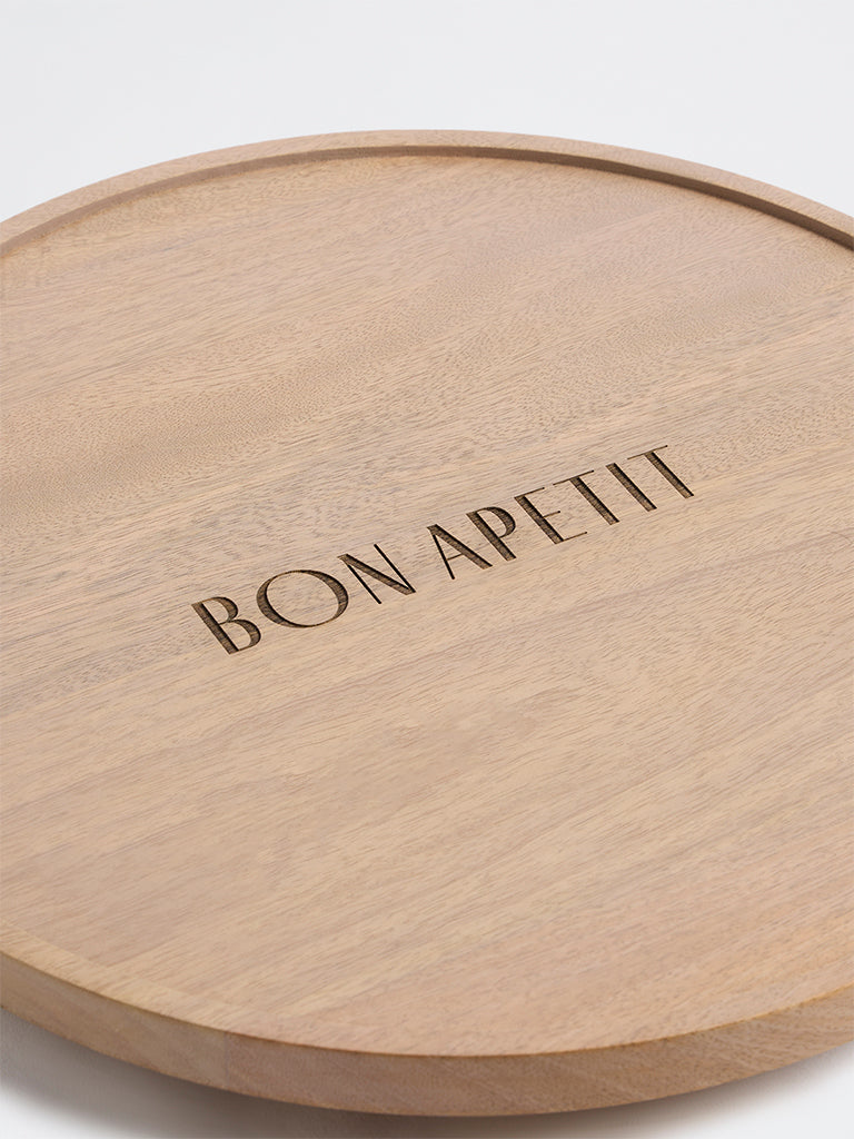 Westside Home Beige Text-Detailed Wooden Round Serving Platter