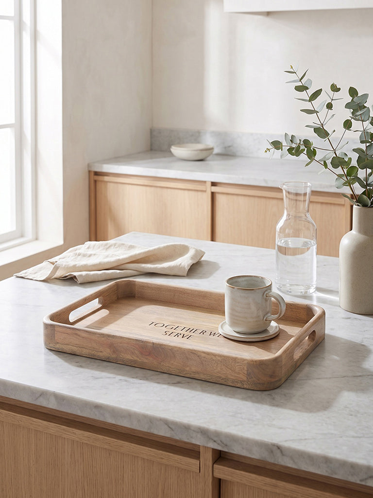 Westside Home Beige Text-Detailed Wooden Rectangular Tray