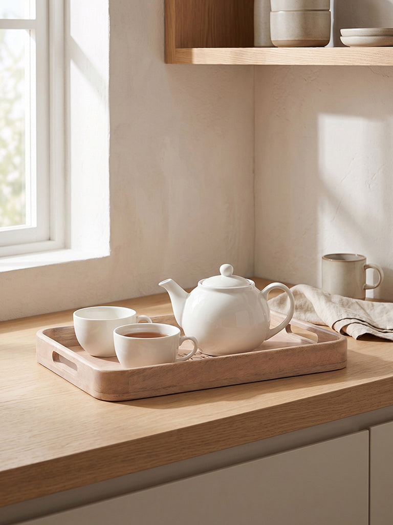 Westside Home Beige Text-Design Rectangular Wooden Tray