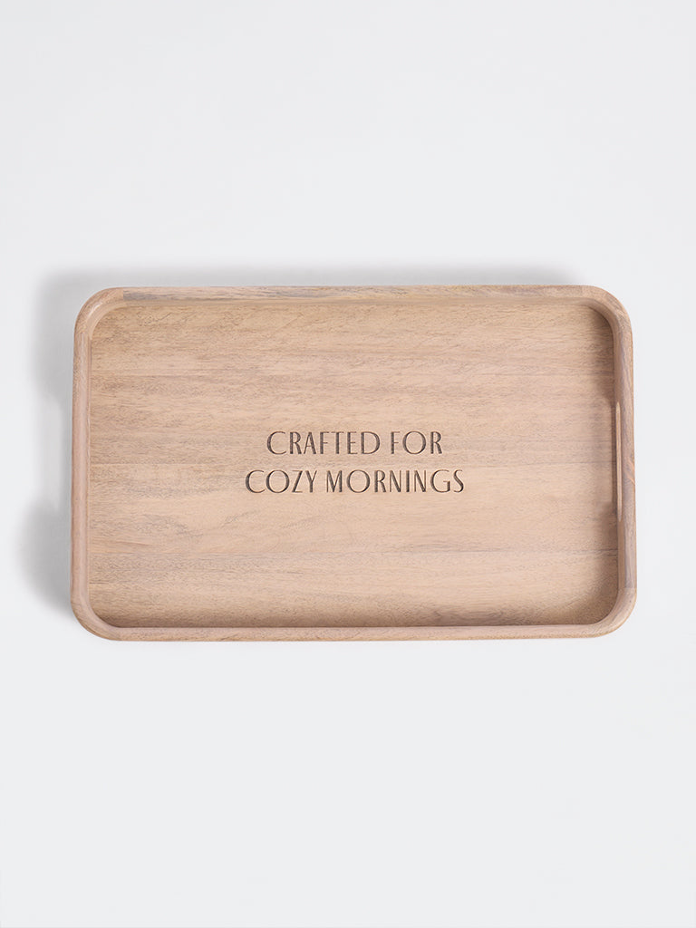 Westside Home Beige Text-Design Rectangular Wooden Tray