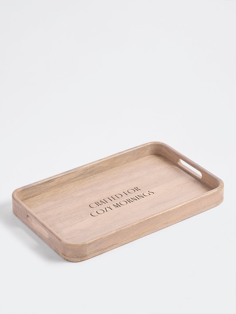 Westside Home Beige Text-Design Rectangular Wooden Tray