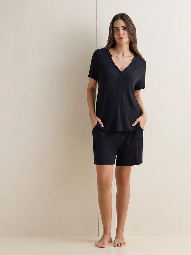 Wunderlove Black Ribbed Henley Top