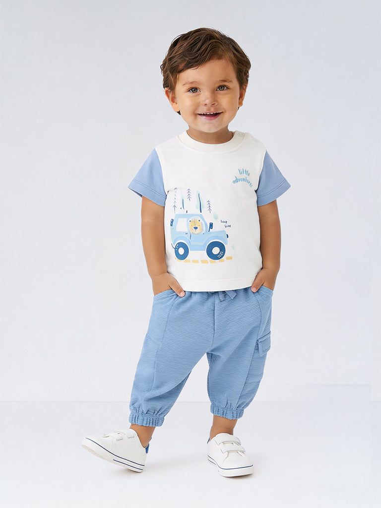 HOP Baby Boys Blue Teddy Cotton-Blend T-Shirt and Joggers Cotton Set