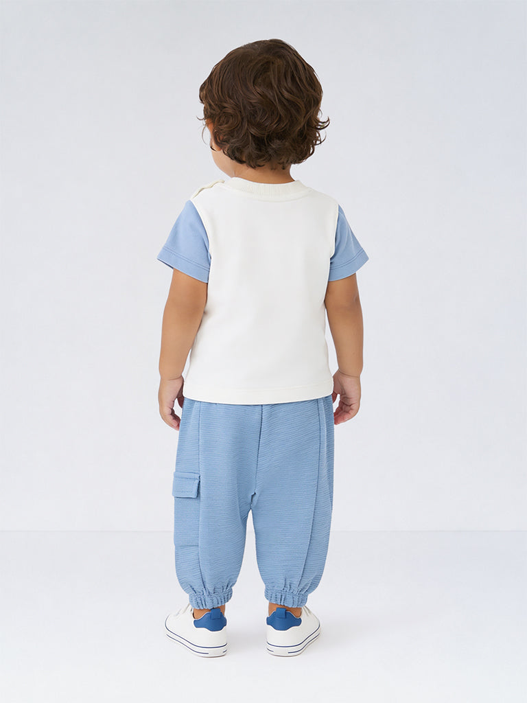 HOP Baby Boys Blue Teddy Cotton-Blend T-Shirt and Joggers Cotton Set