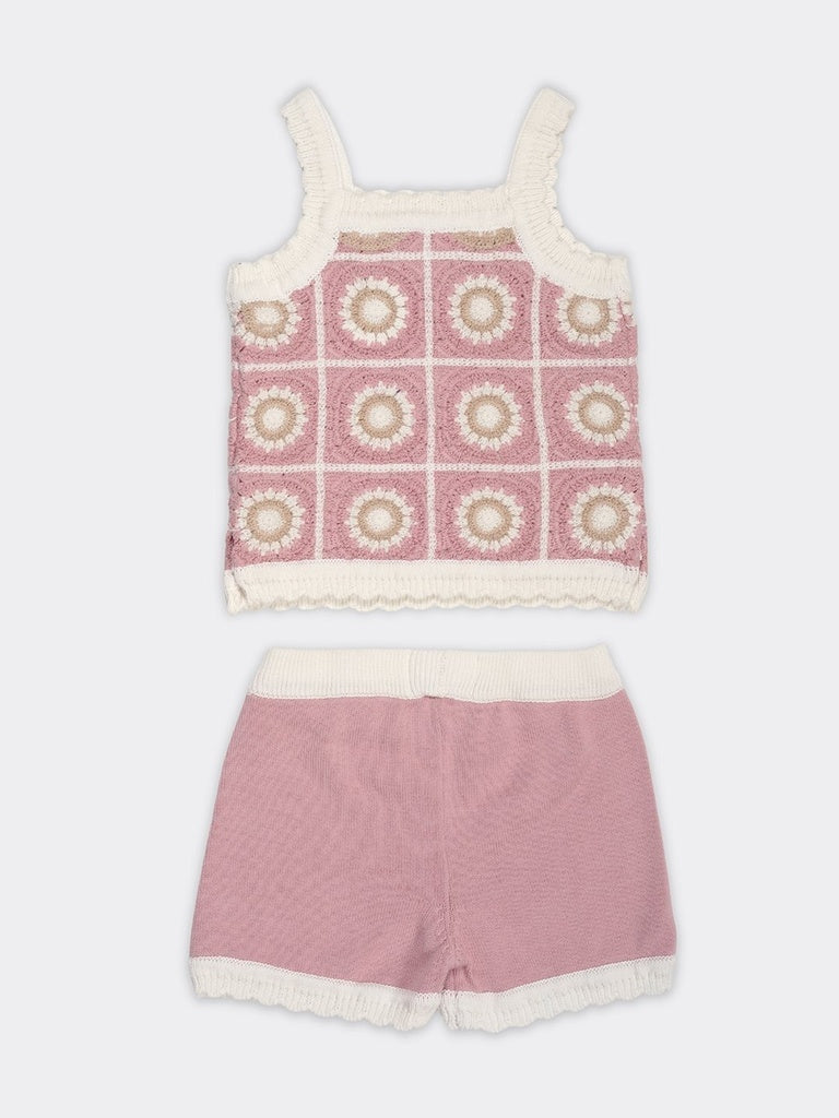 HOP Baby Girls Pink Crochet Pattern Cotton-Blend Top And Shorts Set