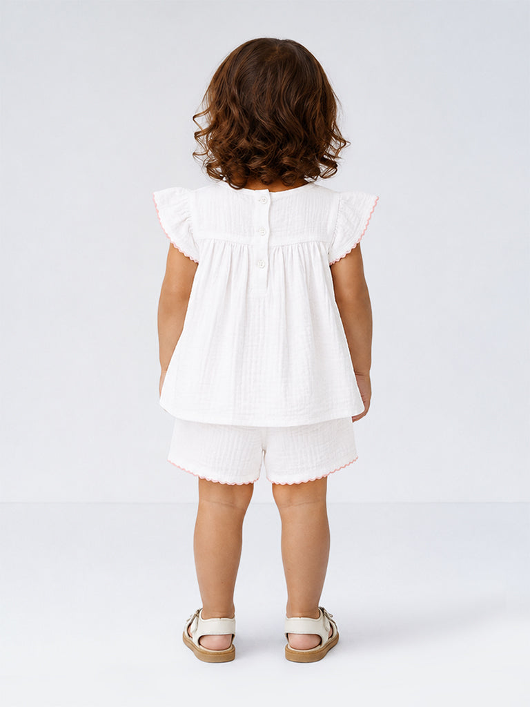 HOP Baby Girls White Floral Cotton Top and Shorts Set