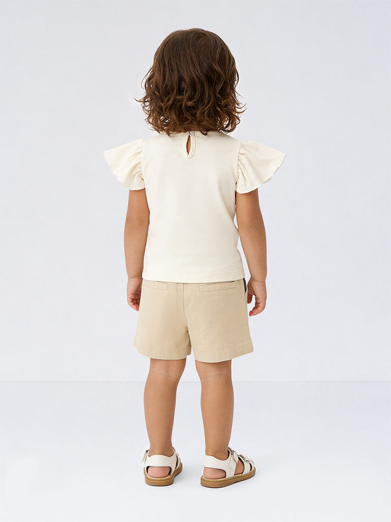 HOP Baby Girls Beige Embroidered Cotton Top and Shorts Set