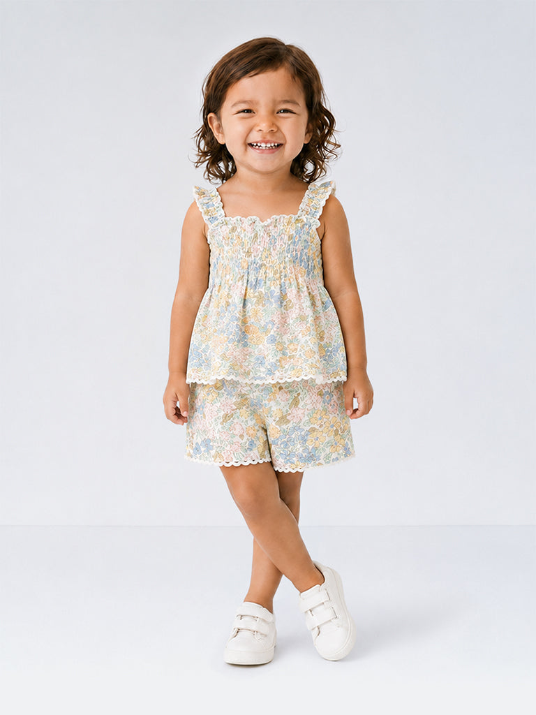 HOP Baby Girls Multicolour Floral Cotton Top and Shorts Set
