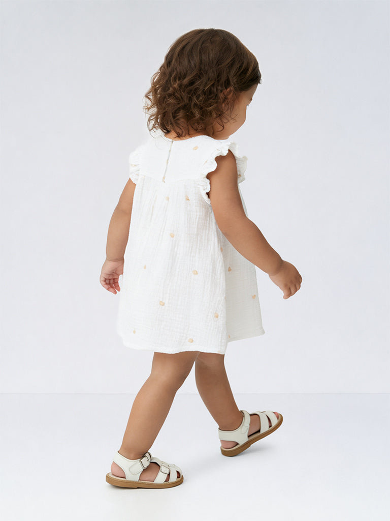 HOP Baby Girls White Heart-Embroidered Cotton A-Line Dress