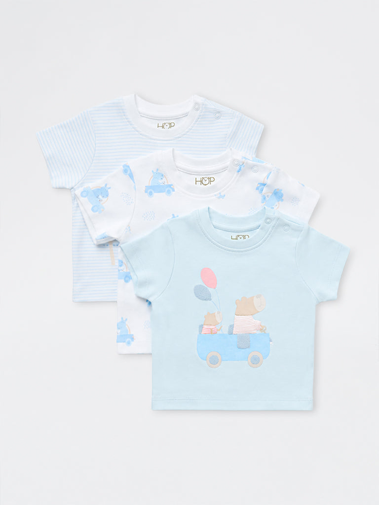 HOP Baby Boys Blue Printed Cotton T-Shirts - Pack of 3