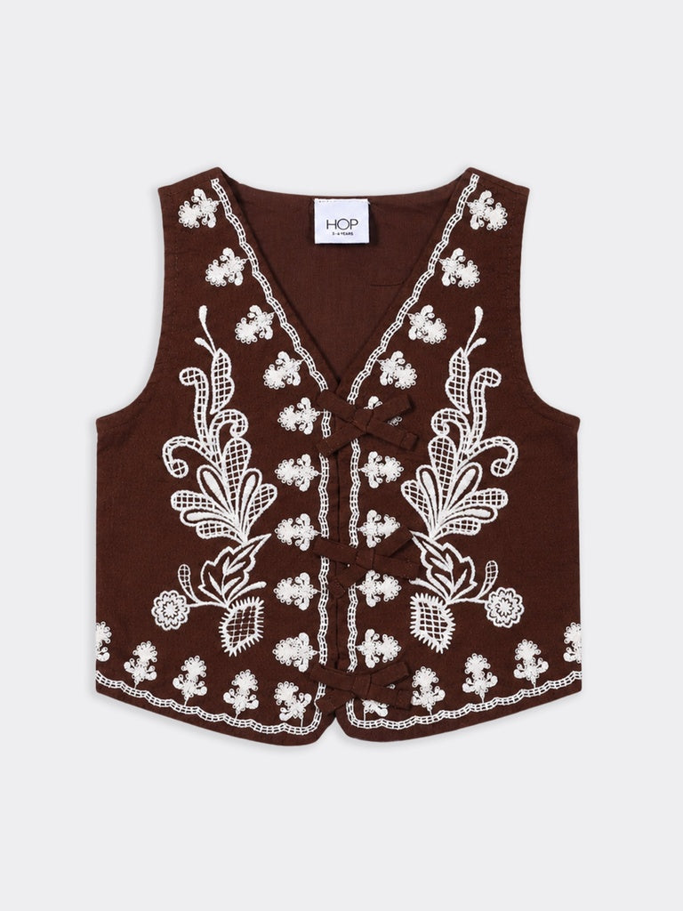 HOP Kids Girls Brown Floral Embroidered Dobby Cotton Waistcoat