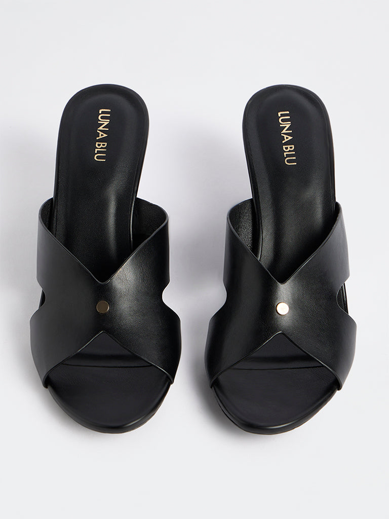 LUNA BLU Black Wedge-Heel Sandals