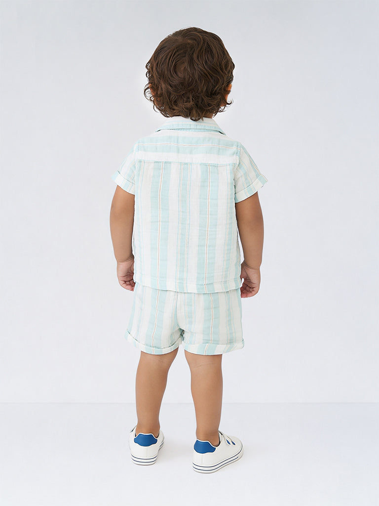 HOP Baby Boys Light Blue Striped Cotton Shirt and Shorts Set