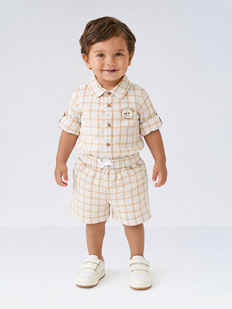 HOP Baby Boys Peach Checkered Cotton Shirt and Shorts Set