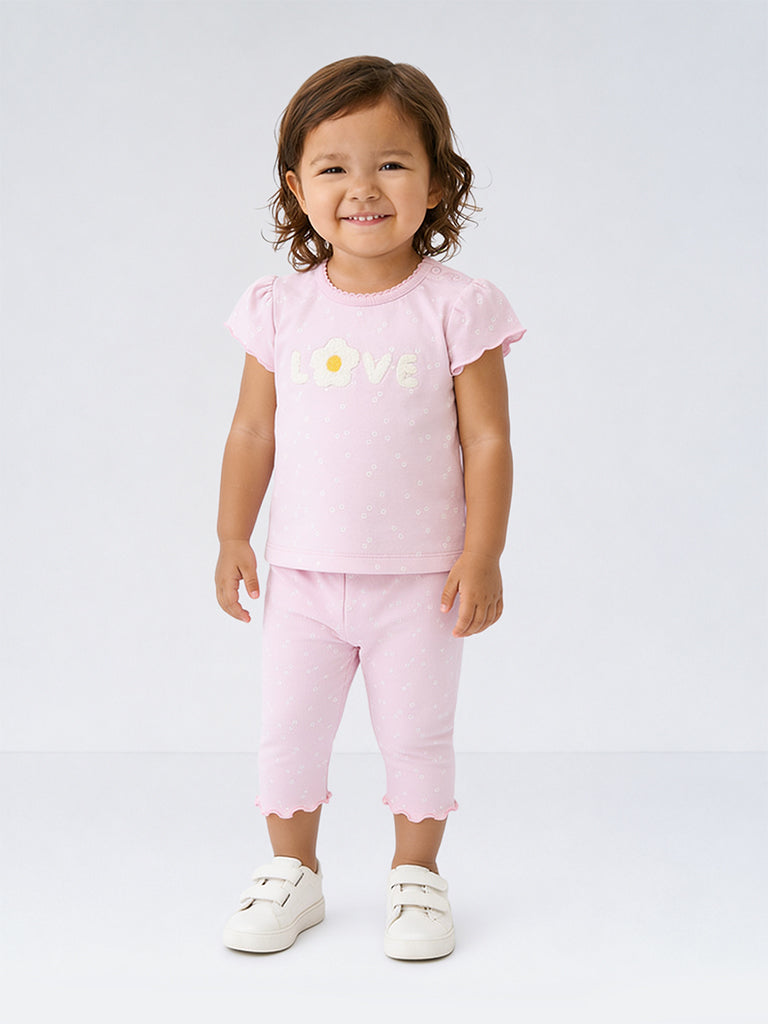 HOP Baby Girls Pink Floral Printed Cotton T-Shirt and Pants Set