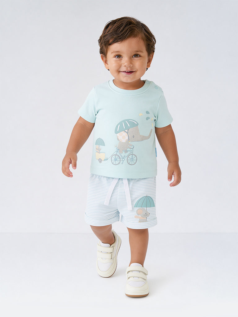 HOP Baby Boys Mint Animal Printed Cotton T-Shirt and Shorts Set
