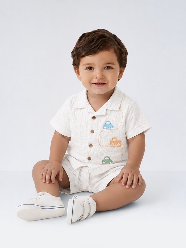 HOP Baby Boys White Embroidered Cotton Shirt and Shorts Sets