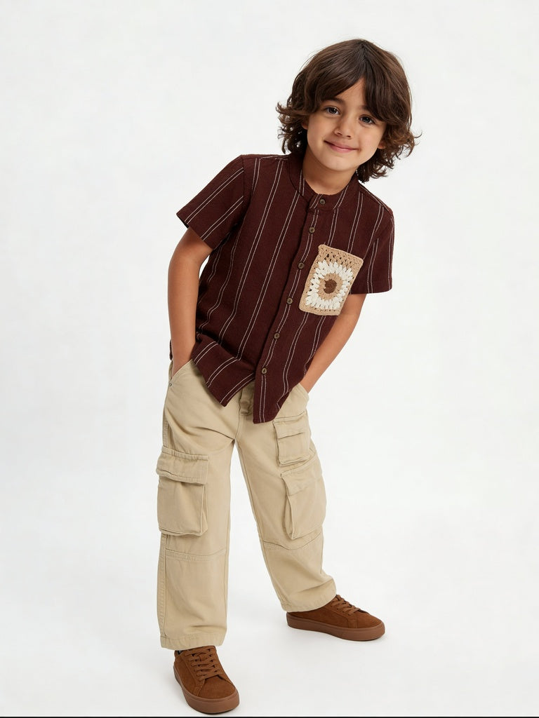HOP Kids Boys Brown Crochet Pocket Striped Cotton Shirt