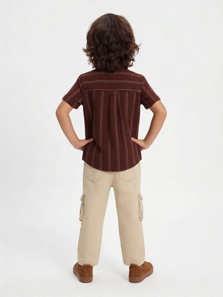 HOP Kids Boys Brown Crochet Pocket Striped Cotton Shirt