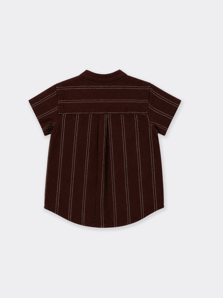 HOP Kids Boys Brown Crochet Pocket Striped Cotton Shirt