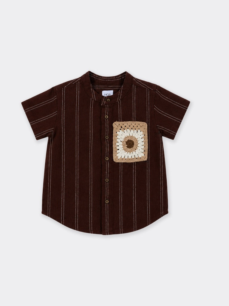 HOP Kids Boys Brown Crochet Pocket Striped Cotton Shirt