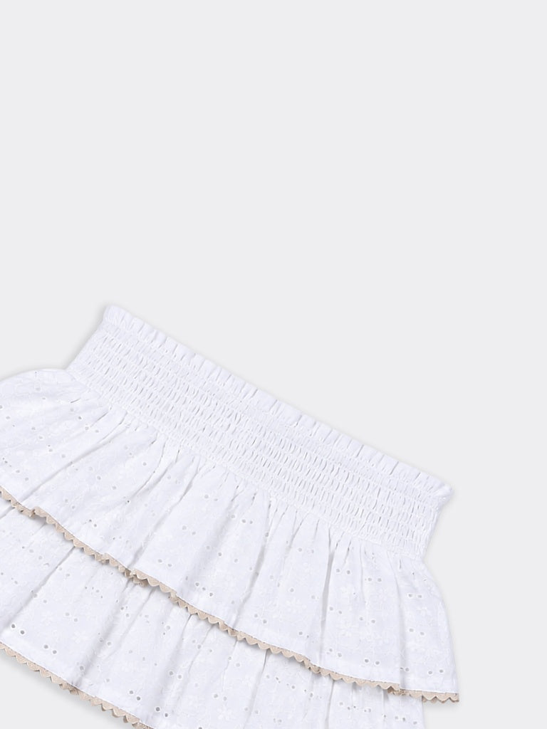 Hop Kids Girls Off-White Eyelet Embroidered Tiered Flared Cotton-Blend Skirt