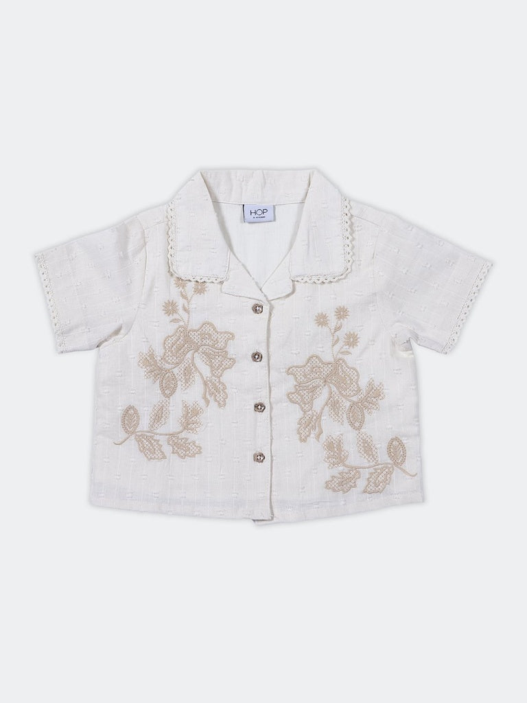 HOP Kids Girls Off-White Dobby Textured Lace Trim Cotton Shirt